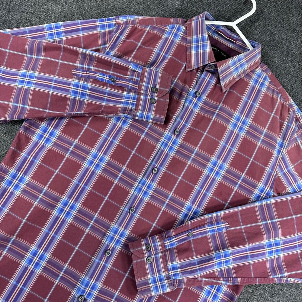 Banana Republic Button Down Mens M Medium Maroon Blue Plaid Long Sleeve Stretch